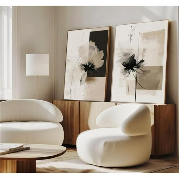 Modern abstract floral wall art neutral beige black canvas prints set of 2 decor - Picture 4 of 8